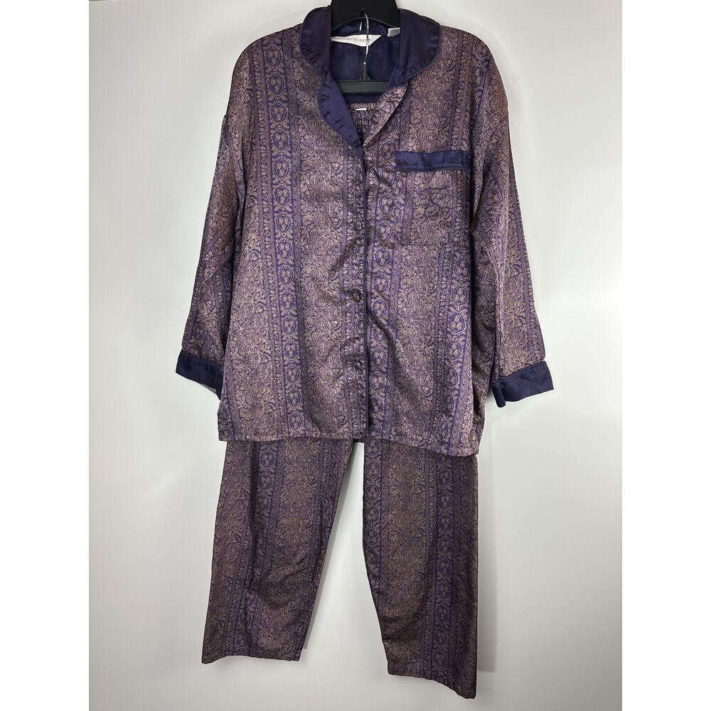 Victoria's Secret Satin-Like Pajama Set Purple Gold Paisley Button Shirt Pants S - Picture 13 of 16
